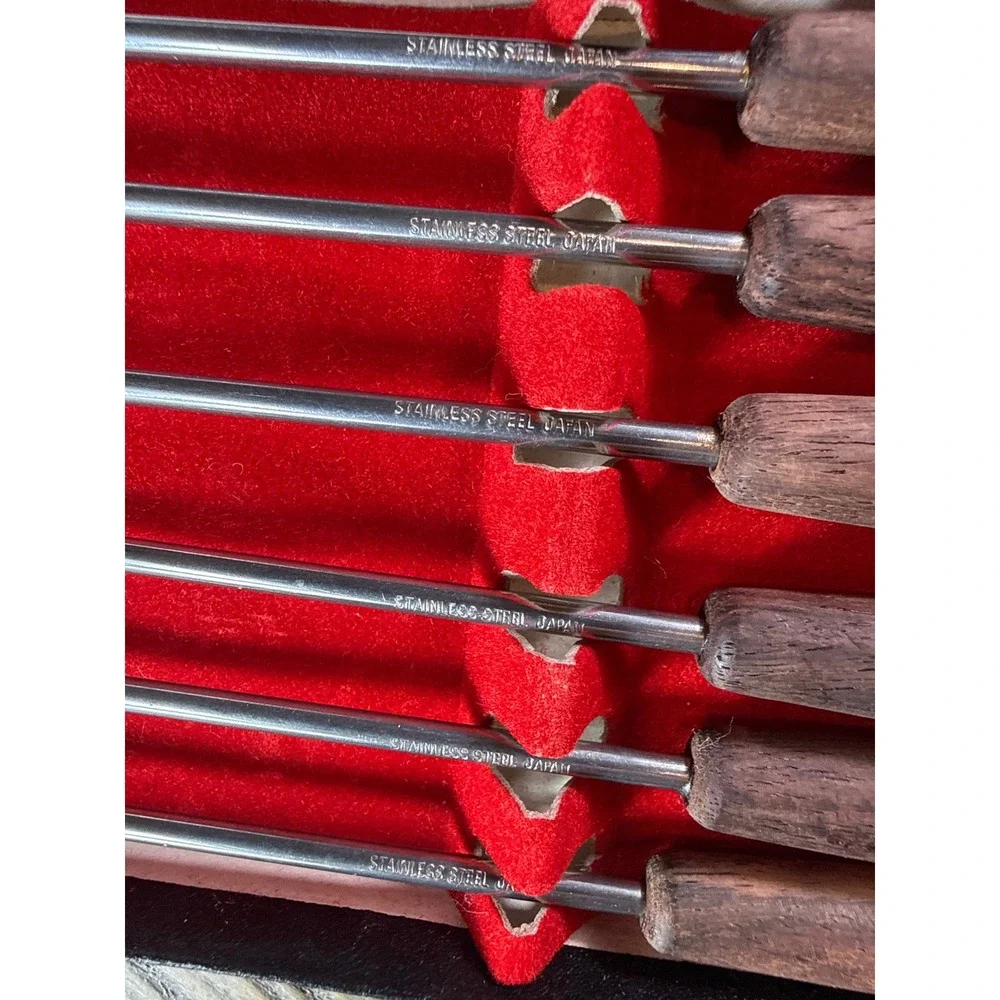 Hankyu Fondue Fork Set of 6 Mid Century Modern Japan 152 Brown Stainless Steel